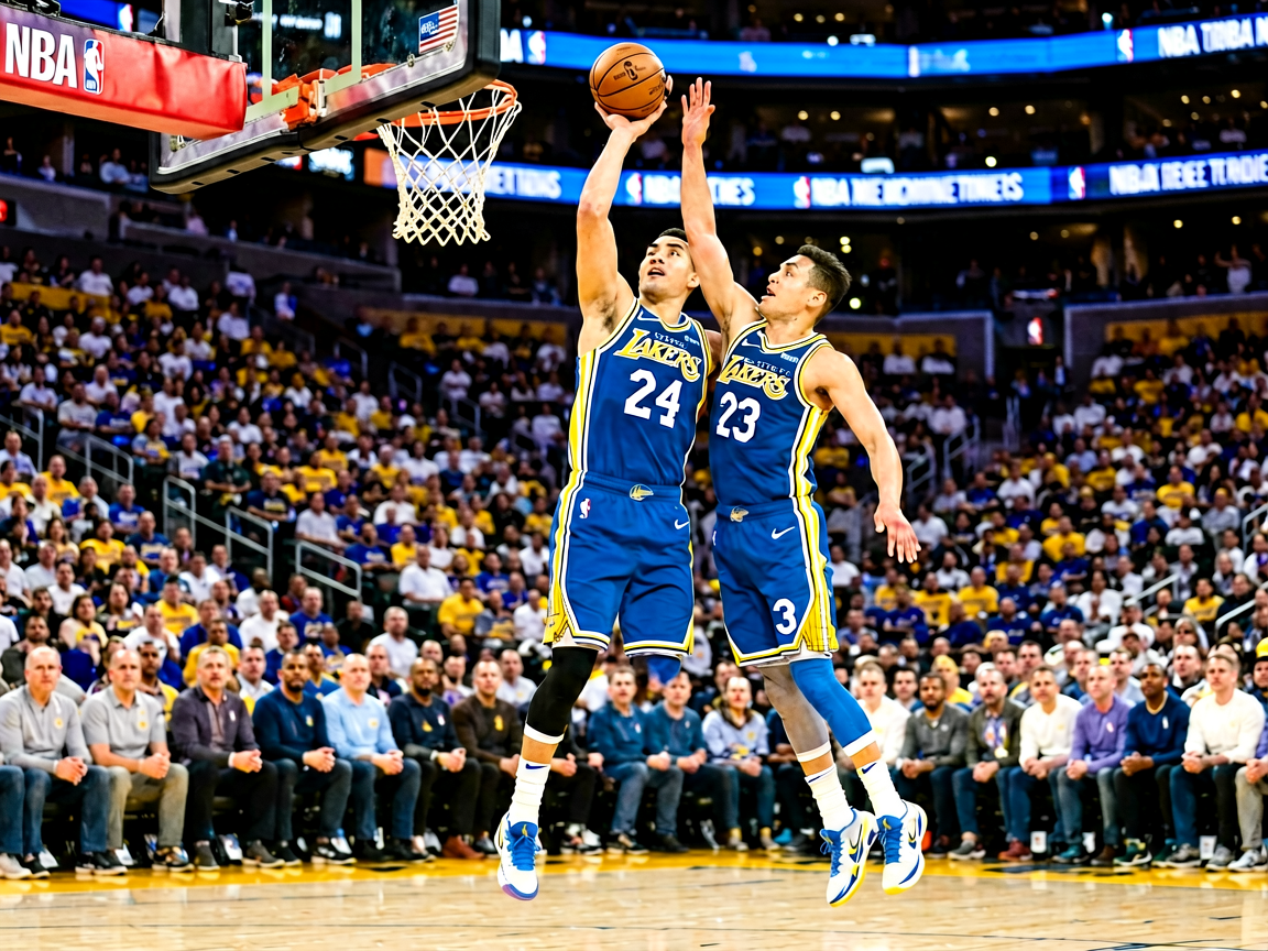 NBA篮球比赛激烈对抗，球员跳投瞬间，观众席座无虚席